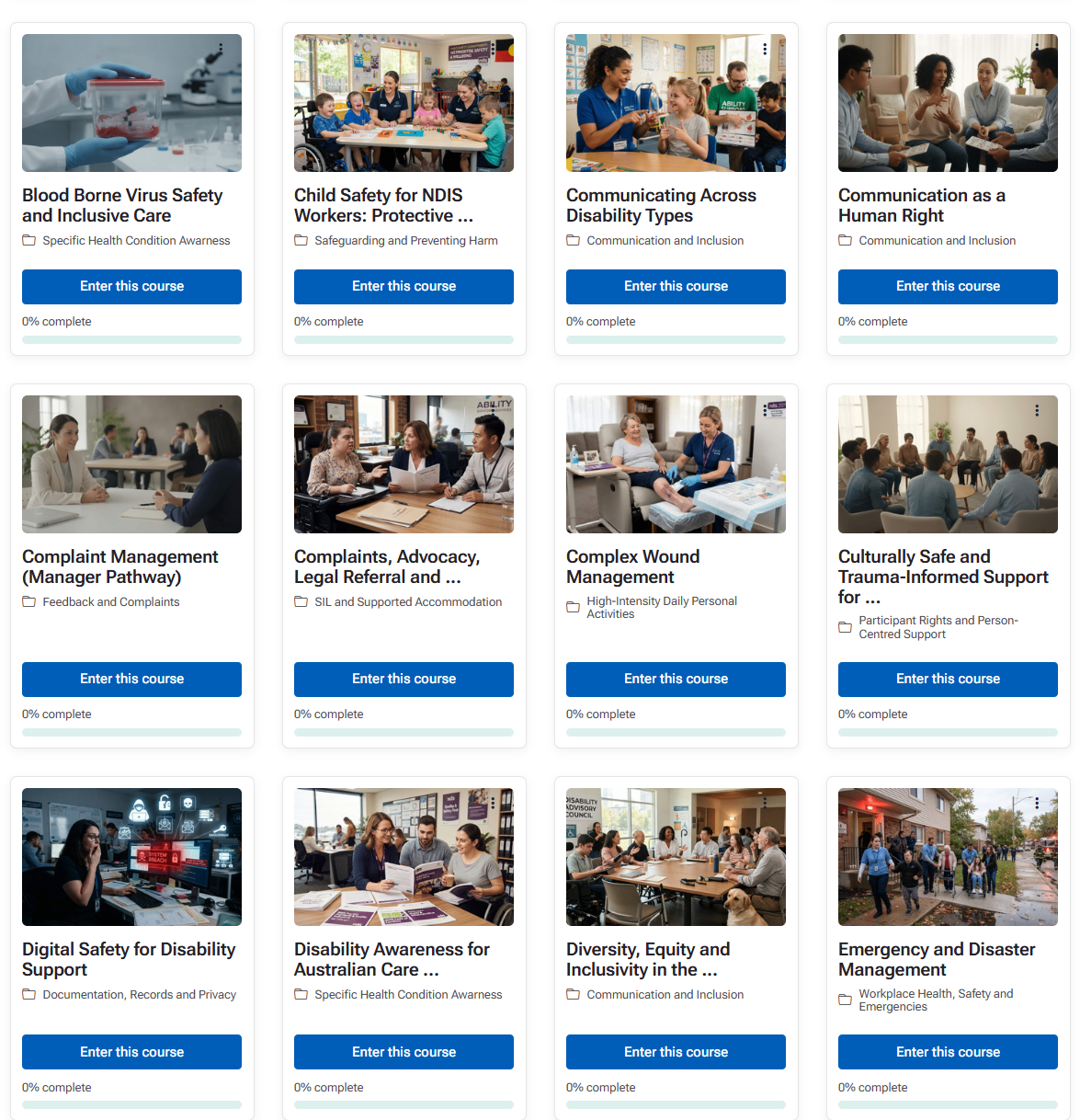 Actual Care Enable Training course library, showing communication, safeguarding, safety and support courses