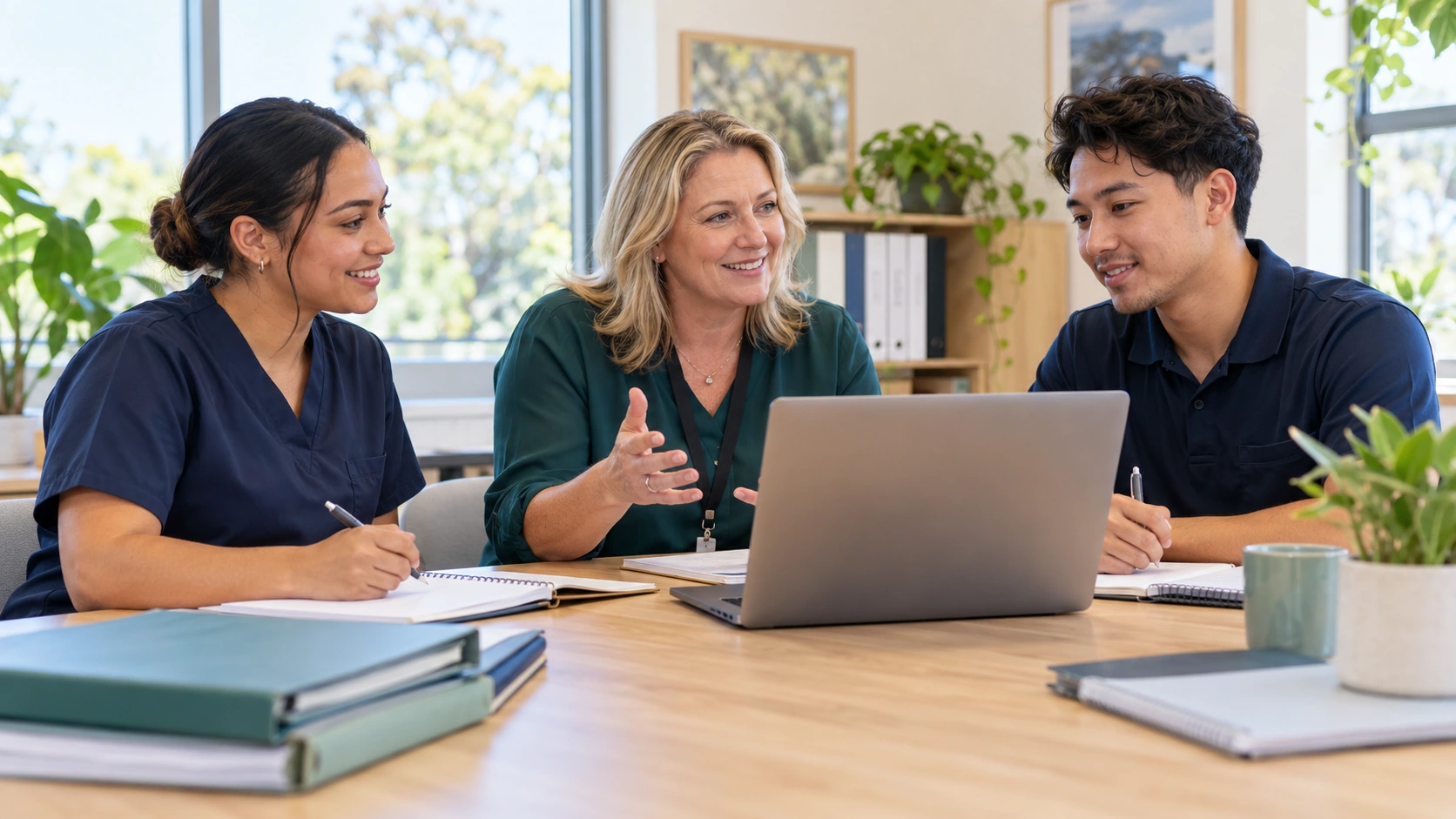 Illustrative scene of a manager welcoming new support staff through online induction
