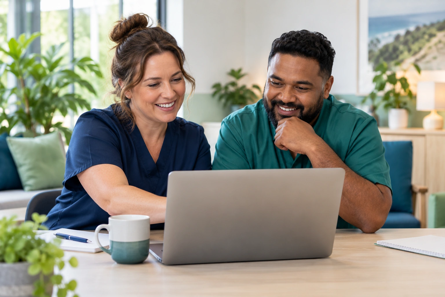 Illustrative scene of two colleagues learning online together